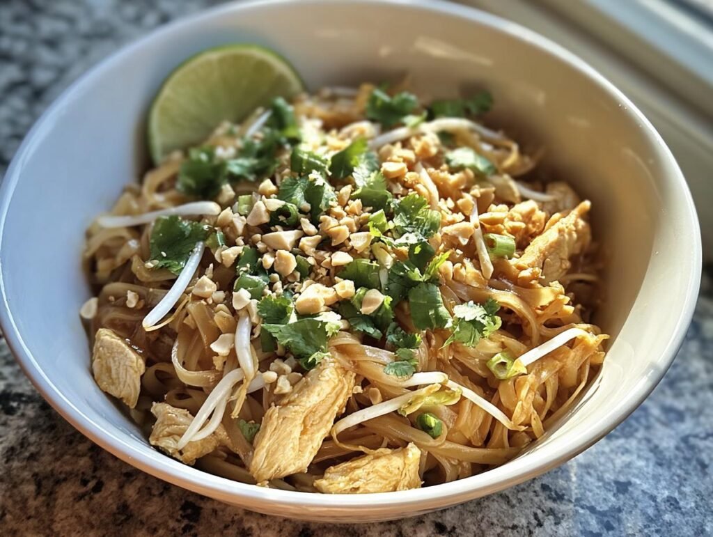 A bowl of Chicken Pad Thai with noodles, chicken, peanuts, bean sprouts, cilantro, and a lime wedge.