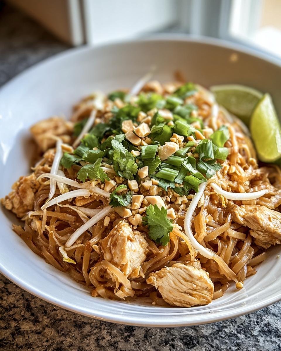 A bowl of Chicken Pad Thai noodles with chicken, peanuts, sprouts, cilantro, green onions, and lime.