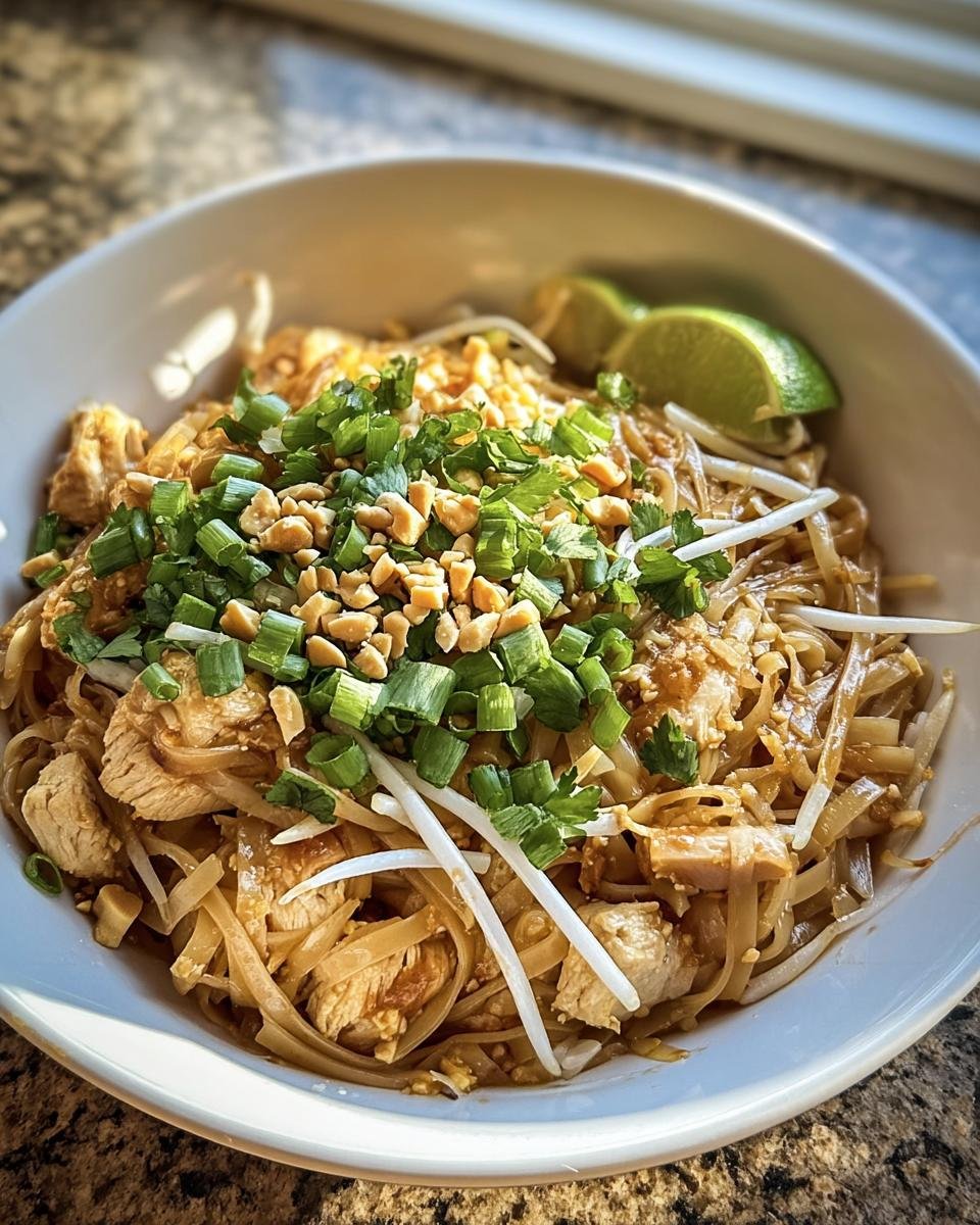 Overhead shot of a bowl of Chicken Pad Thai, garnished with peanuts, green onions, sprouts and a lime wedge.