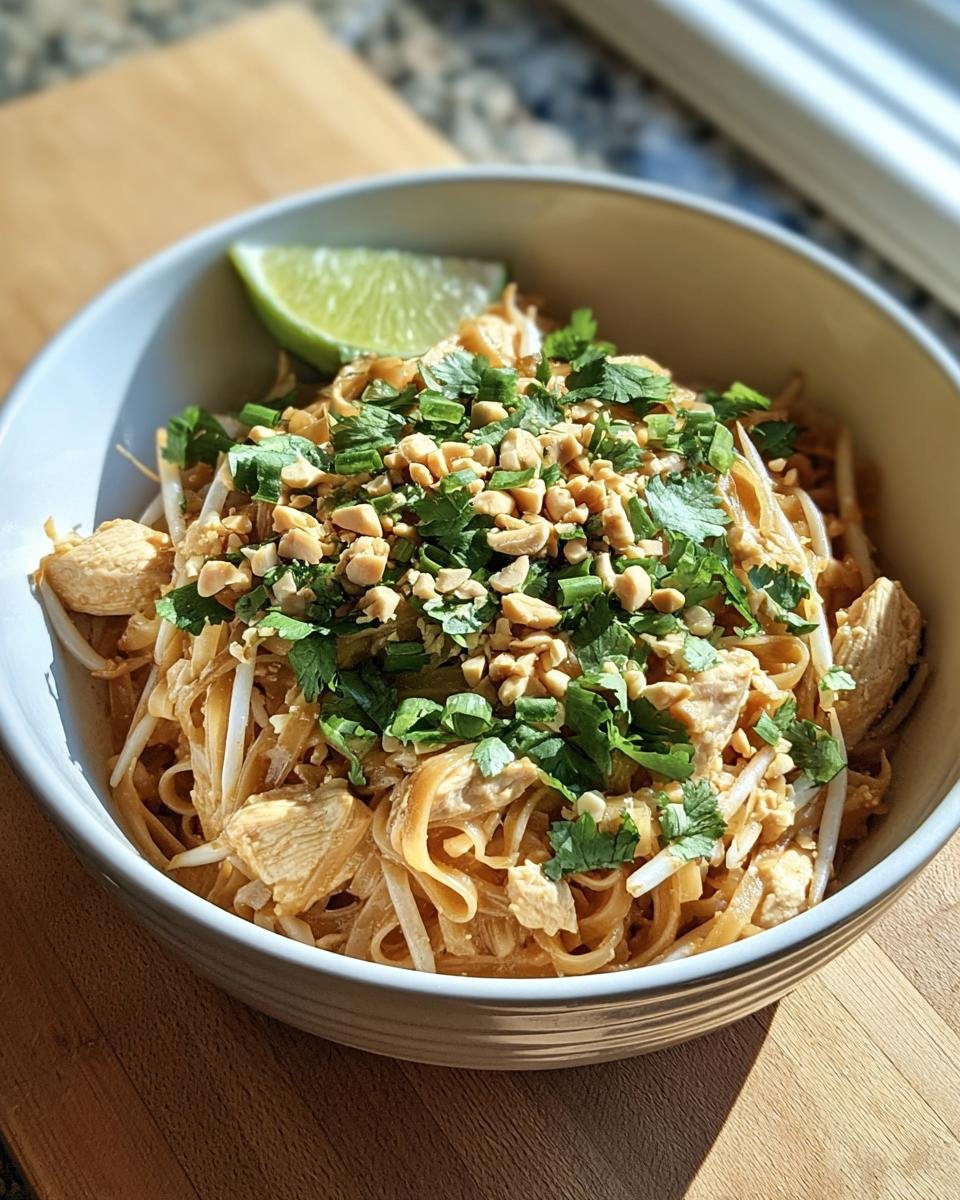 Bowl of Chicken Pad Thai topped with peanuts, cilantro, and a lime wedge.