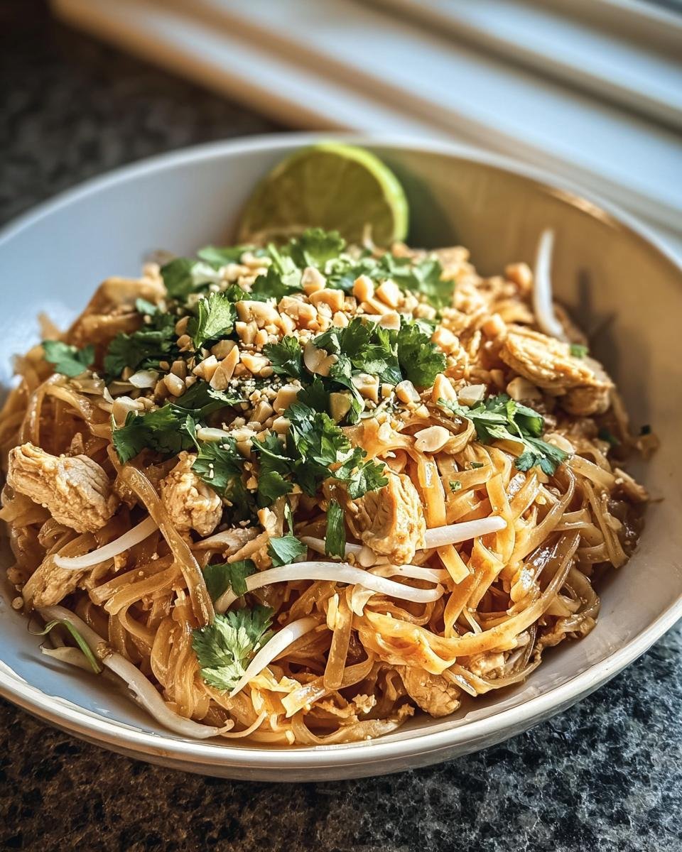 A bowl of Chicken Pad Thai with noodles, chicken, peanuts, cilantro, bean sprouts, and a lime wedge.