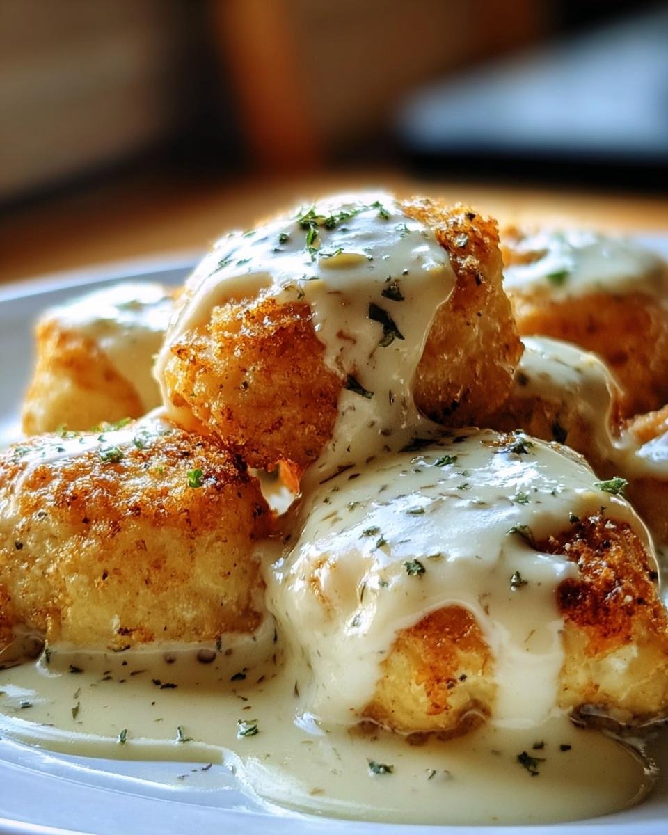 Close-up of golden Chicken Pillows With Parmesan Sauce, garnished with herbs on a white plate.