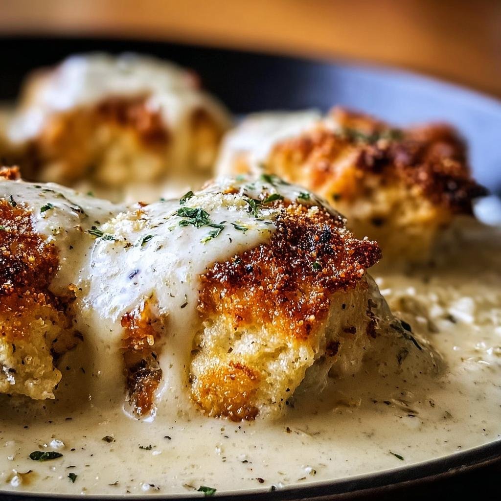 Close-up of Chicken Pillows With Parmesan Sauce, showing golden-brown pillows covered in creamy sauce and herbs.