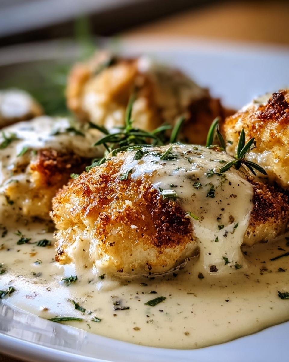 Close-up of Chicken Pillows With Parmesan Sauce, garnished with herbs, on a white plate.