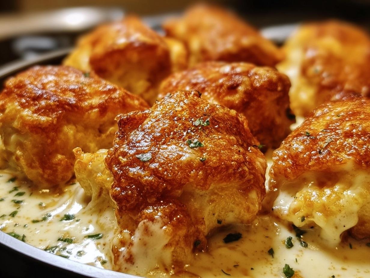 Close-up of golden brown Chicken Pillows With Parmesan Sauce, garnished with herbs.