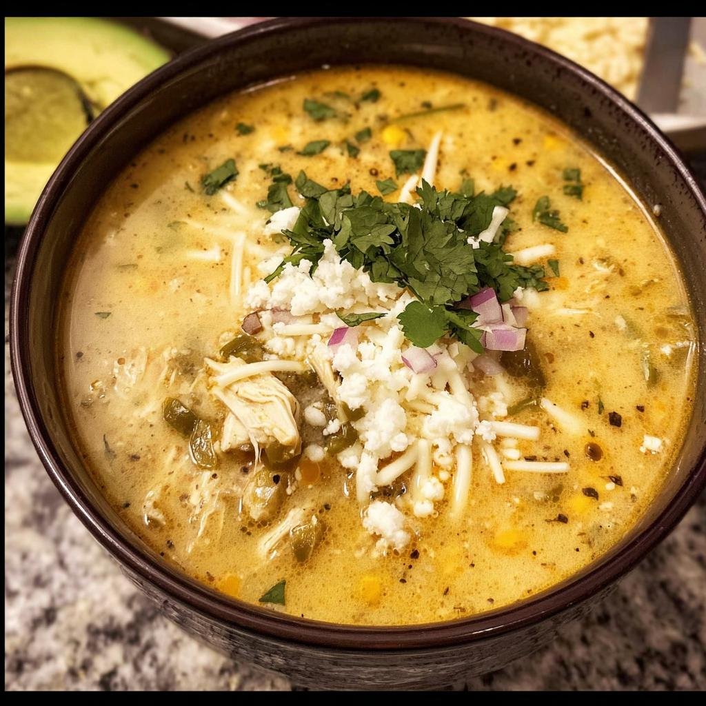 A bowl of creamy Chicken Poblano Soup topped with cheese, cilantro, and red onion.