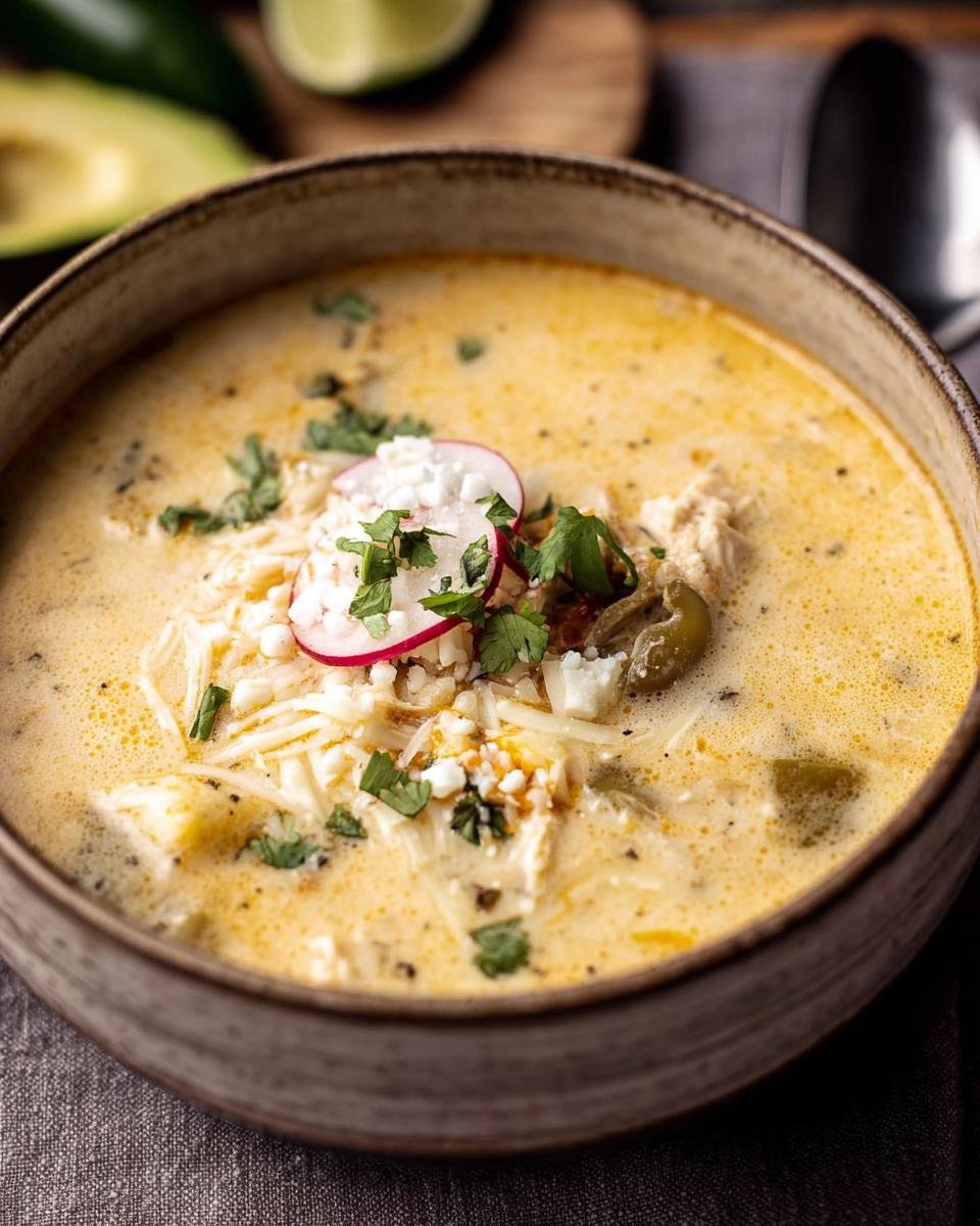 A bowl of creamy Chicken Poblano Soup, garnished with radish, cilantro, and cheese.