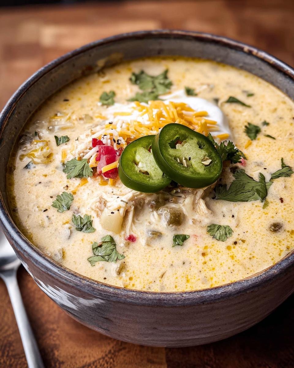 A bowl of creamy Chicken Poblano Soup, garnished with jalapeños, cheese, sour cream, and cilantro.