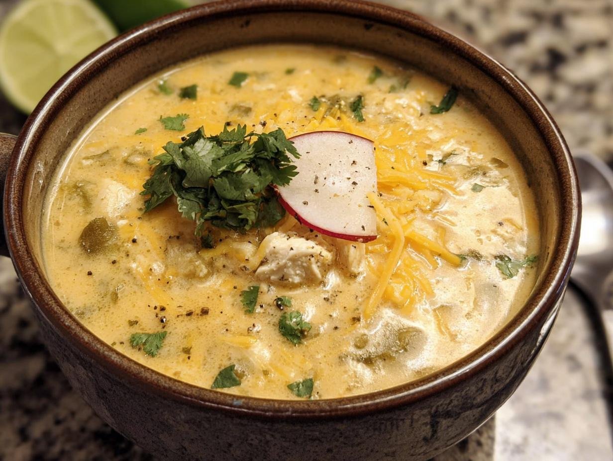 A bowl of creamy Chicken Poblano Soup, garnished with cheese, cilantro, and a radish slice.