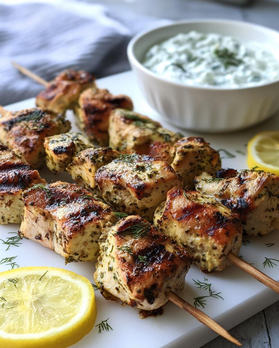 Delicious grilled Chicken Skewers with Tzatziki Sauce, garnished with dill and lemon slices.