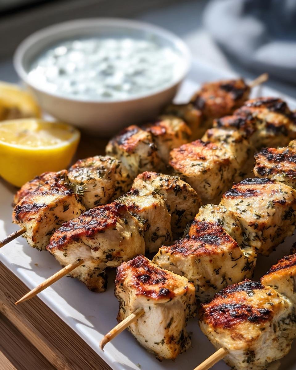 Delicious grilled Chicken Skewers with Tzatziki Sauce, served with lemon wedges on a white plate.