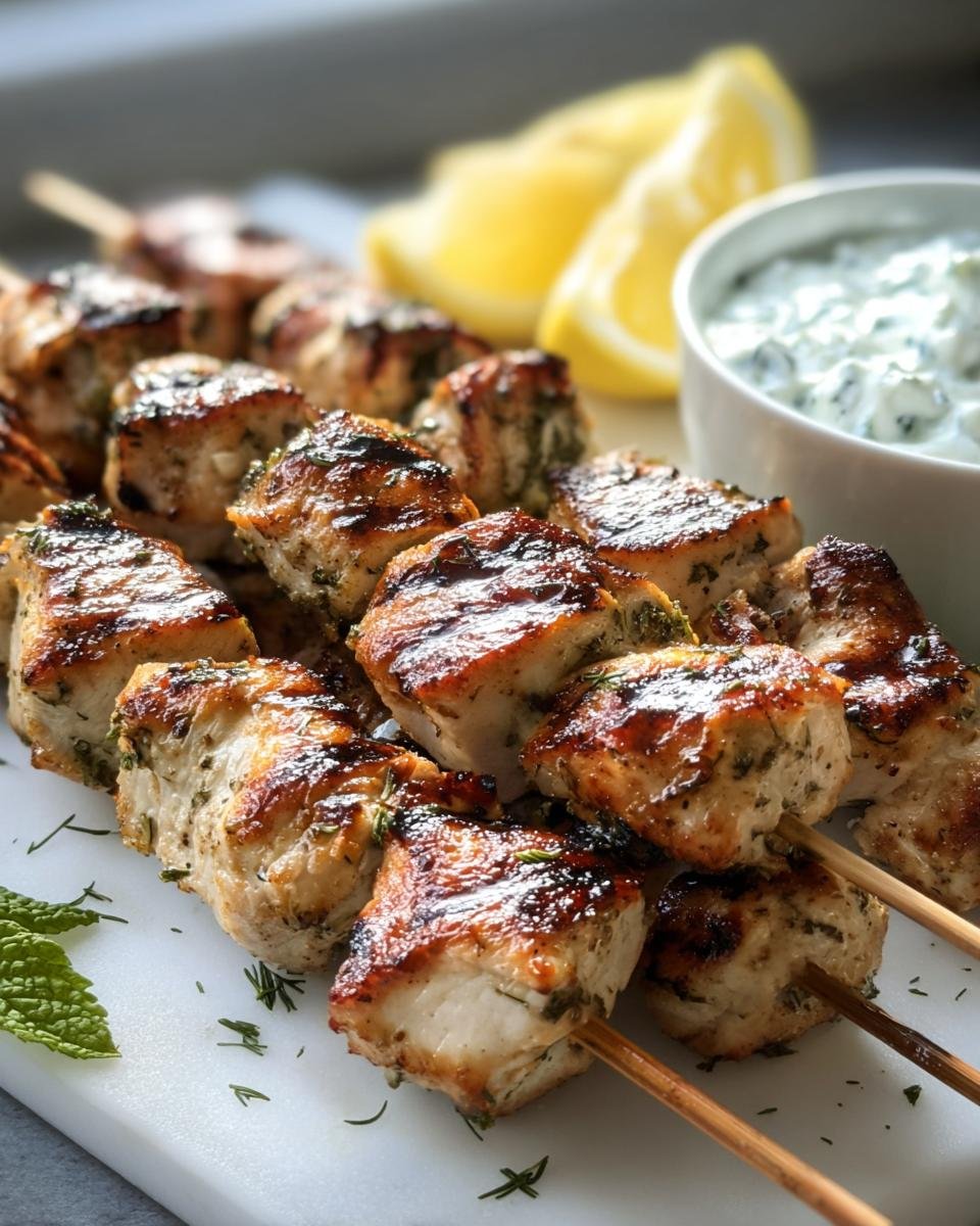 Close-up of grilled Chicken Skewers with Tzatziki Sauce, lemon wedges, and fresh herbs.