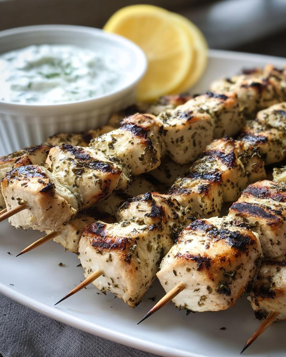 Delicious grilled Chicken Skewers with Tzatziki Sauce, served with lemon wedges on a white plate.