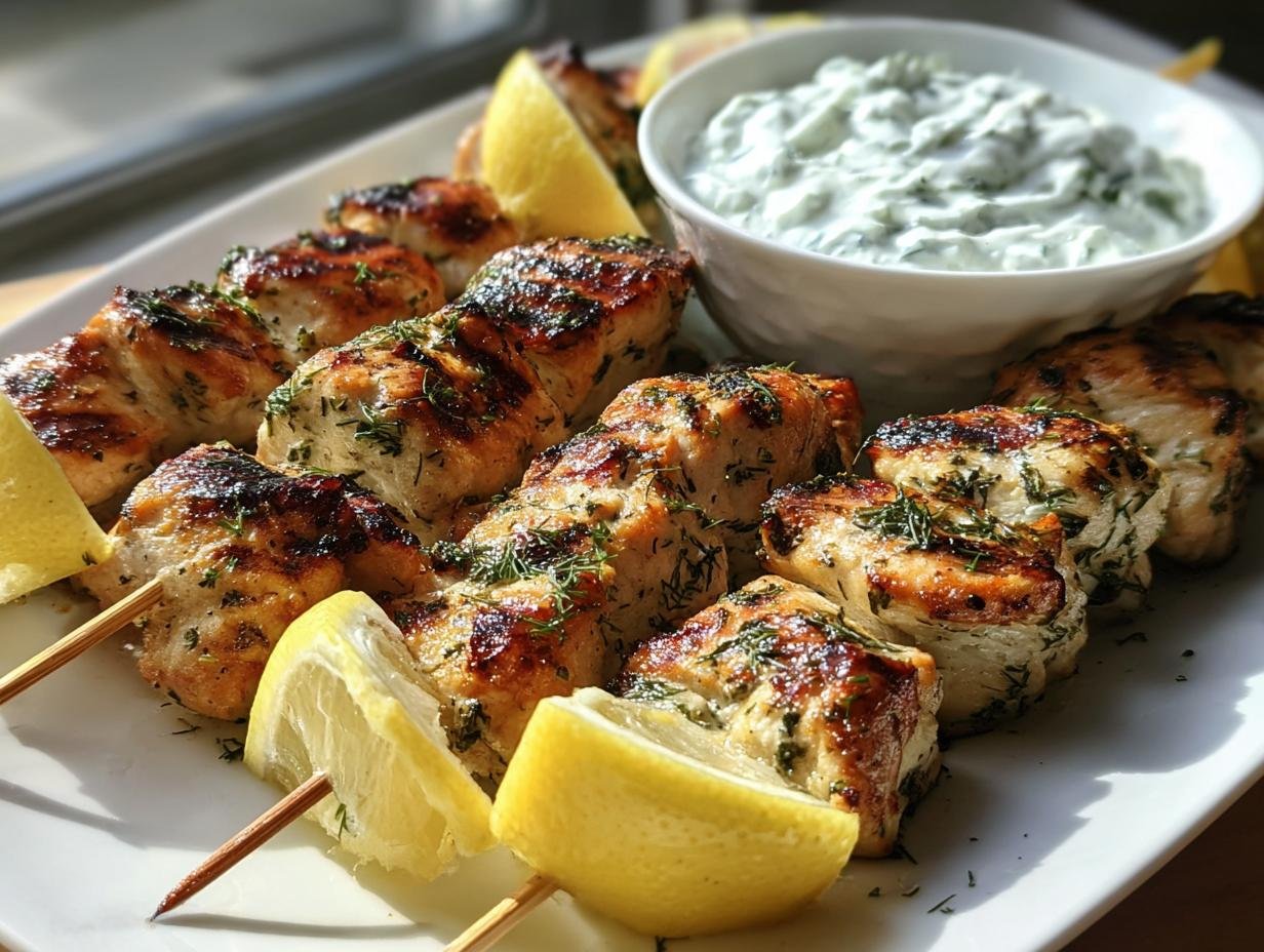 Grilled Chicken Skewers with Tzatziki Sauce, garnished with fresh dill and lemon wedges.