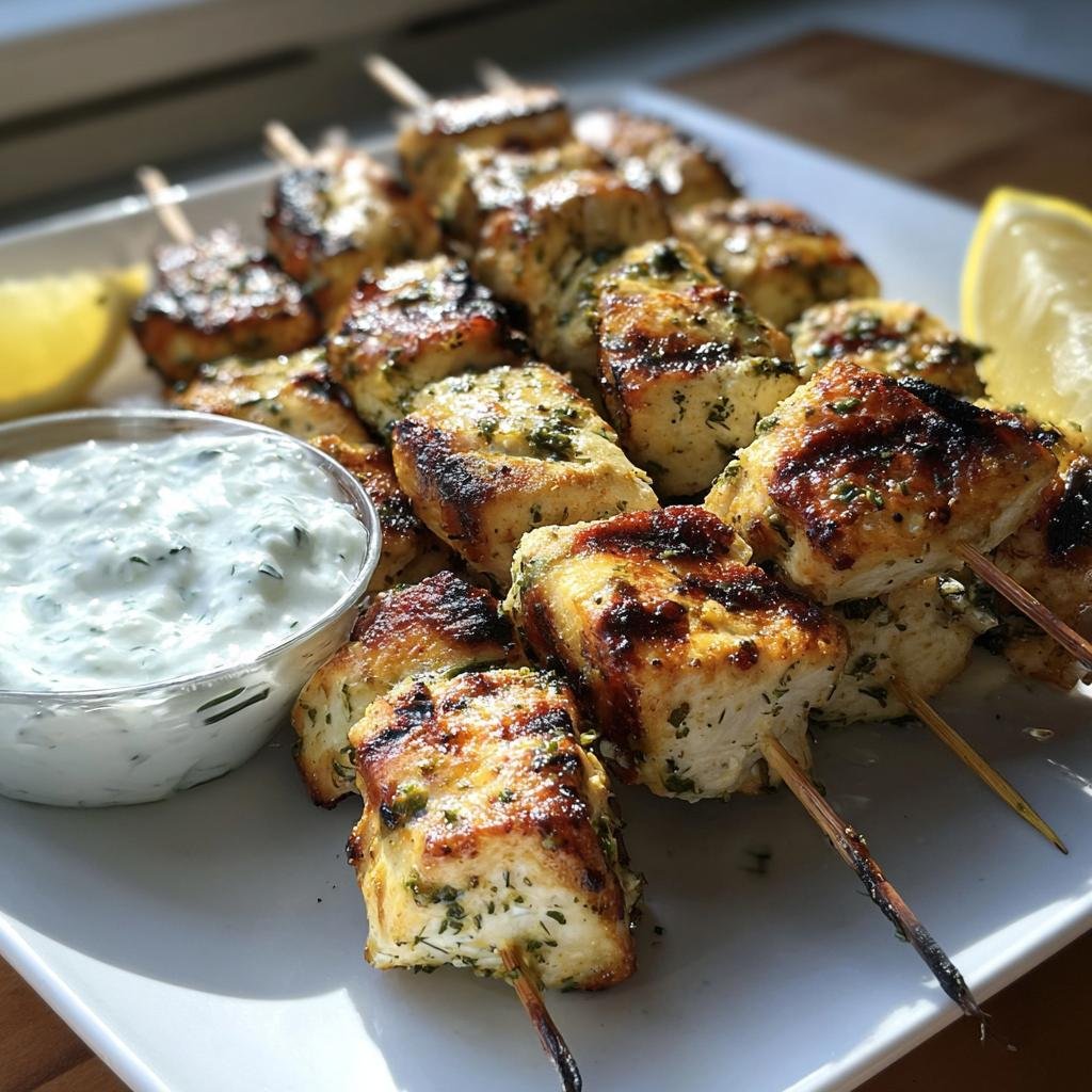 Delicious Chicken Skewers with Tzatziki Sauce, garnished with lemon wedges, ready to serve.