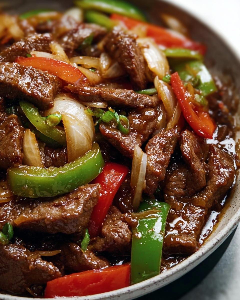A close-up of Chinese Pepper Steak with Onions, featuring tender steak, colorful peppers, and translucent onions in a rich sauce.
