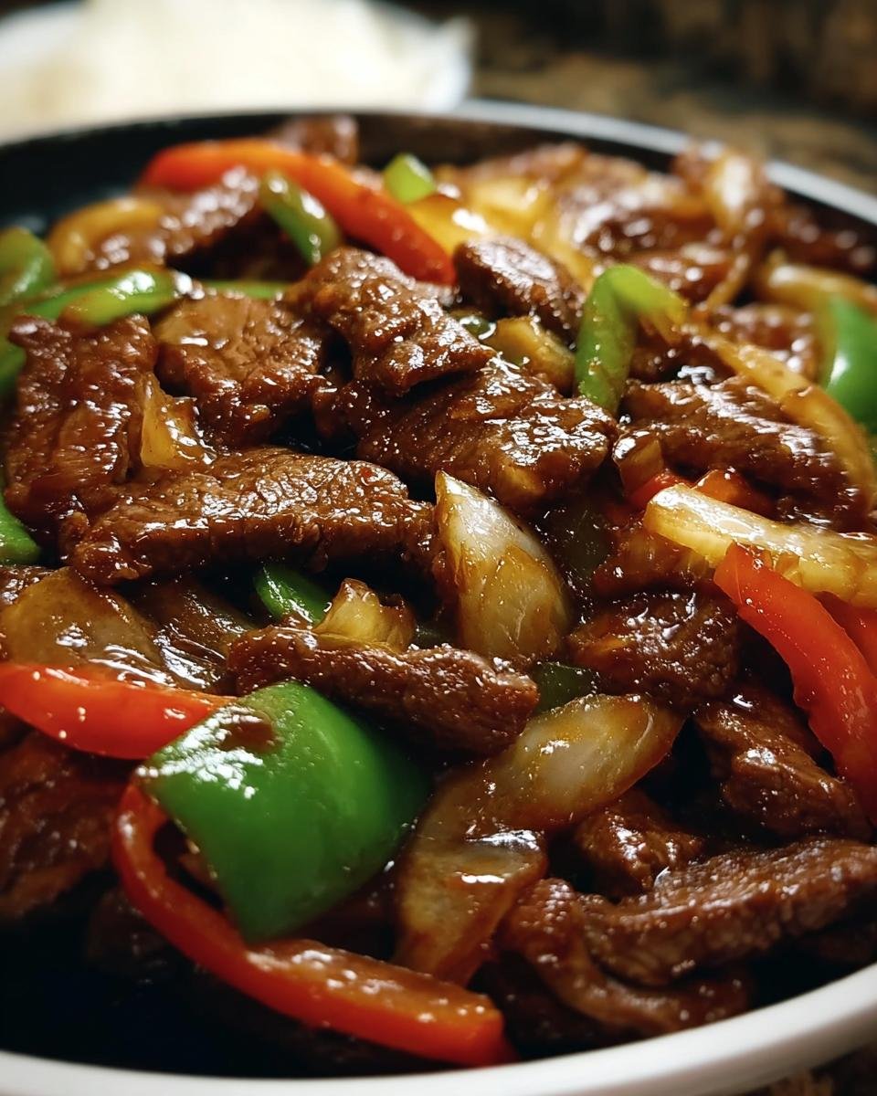 Close-up of Chinese Pepper Steak with Onions, featuring tender beef, colorful peppers, and translucent onions.