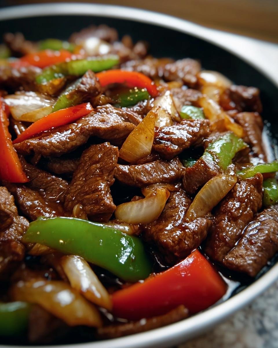 Close up of Chinese Pepper Steak with Onions, featuring tender steak, colorful bell peppers, and onions in a savory sauce.