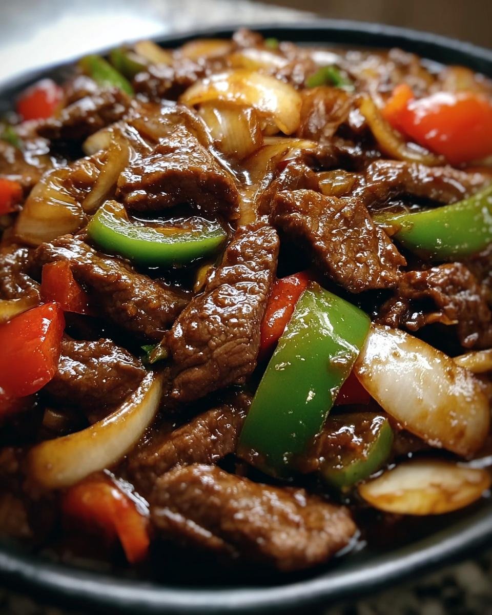 A close-up of Chinese Pepper Steak with Onions, featuring tender steak, bell peppers, and onions in a savory sauce.