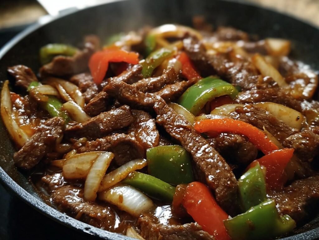 Delicious Chinese Pepper Steak with Onions, featuring tender steak strips and colorful bell peppers in a savory sauce.