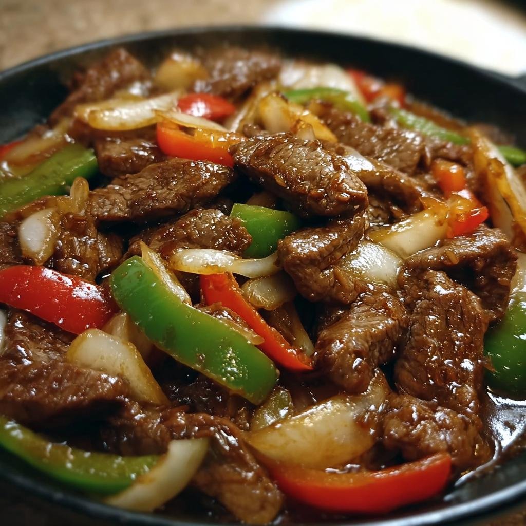 A close-up of a pan filled with delicious Chinese Pepper Steak with Onions, featuring colorful bell peppers.