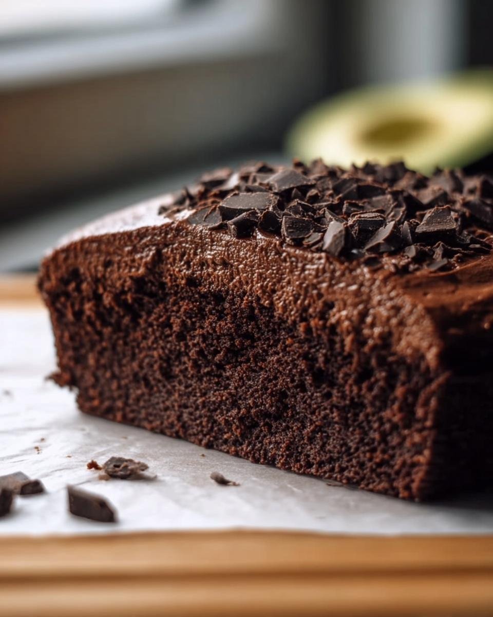 Close-up of a moist Chocolate Avocado Cake topped with chocolate chunks, sitting on parchment paper.