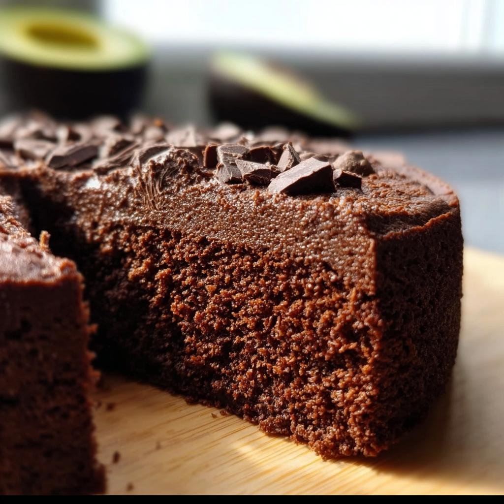 Close-up of a moist Chocolate Avocado Cake slice topped with chocolate chunks, showcasing its texture.
