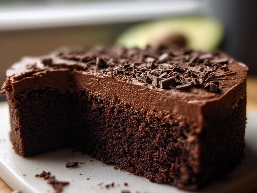 A slice of rich Chocolate Avocado Cake with chocolate frosting and chocolate shavings.