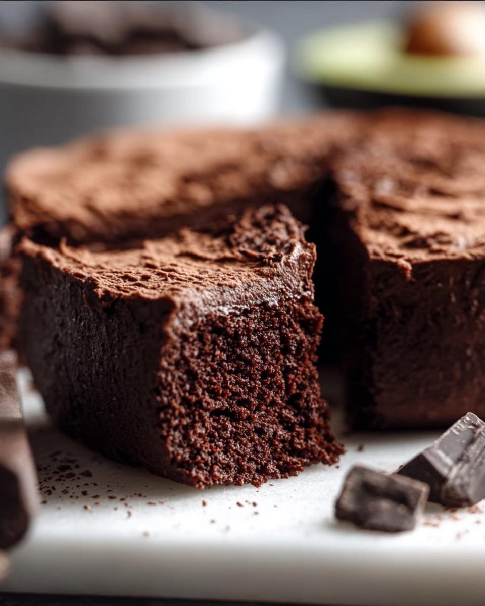 A decadent slice of Chocolate Avocado Cake, with chocolate pieces on a white surface.