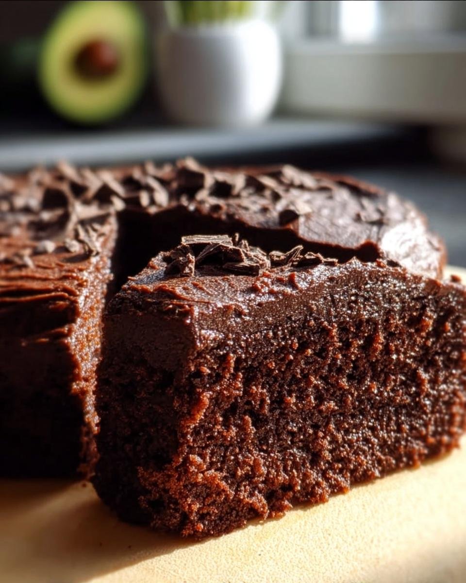 A delicious slice of Chocolate Avocado Cake with chocolate frosting and shavings.