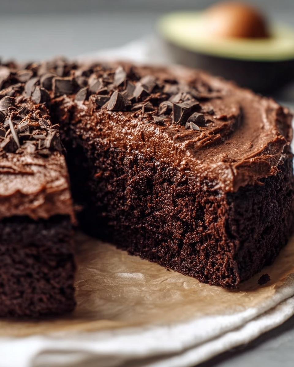 A slice of decadent Chocolate Avocado Cake with chocolate frosting and shavings, avocado in background.