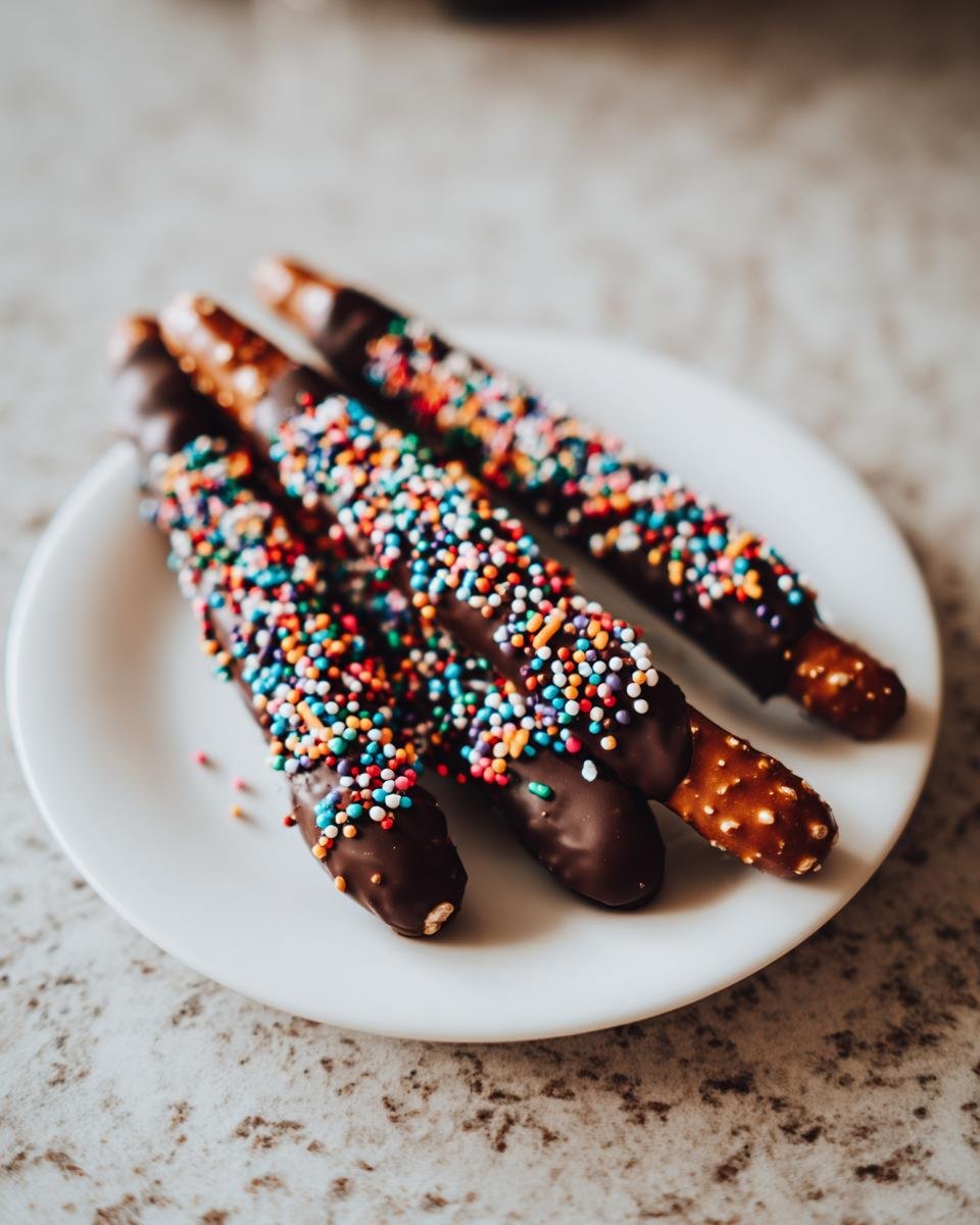 Three Spooky Chocolate-Dipped Pretzel Rods covered in colorful sprinkles on a white plate.