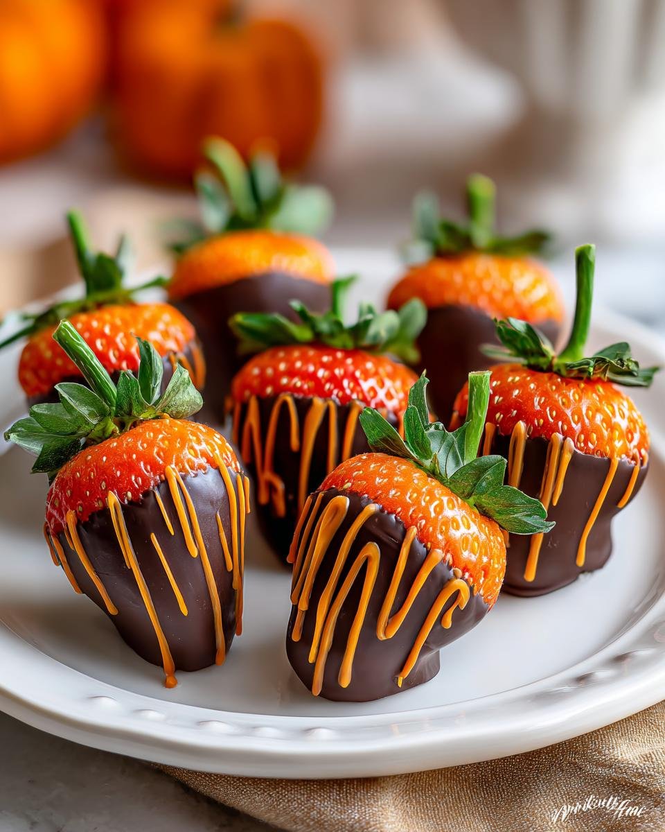 A plate of chocolate-dipped Strawberry “Pumpkins”, decorated with orange drizzle to resemble pumpkins.