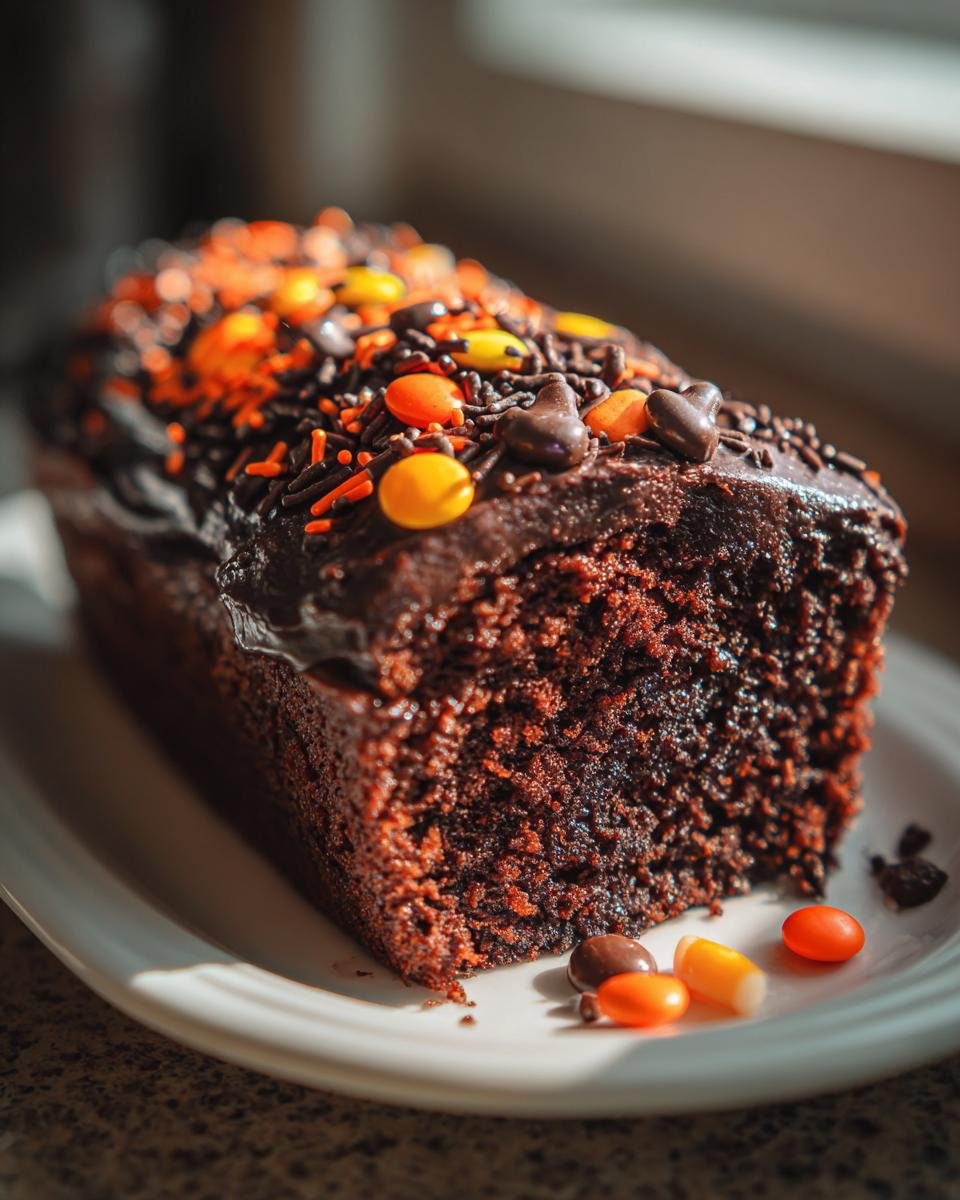Delicious chocolate Halloween Cake topped with chocolate frosting and festive orange, yellow, and brown candies and sprinkles.
