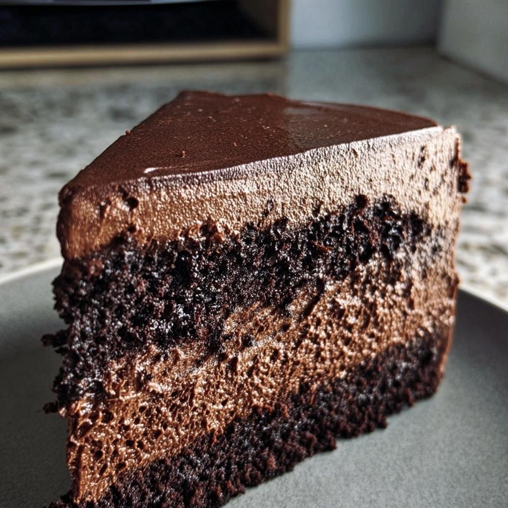 A decadent slice of Chocolate Mousse Cake with layers of chocolate cake, mousse, and a glossy ganache.