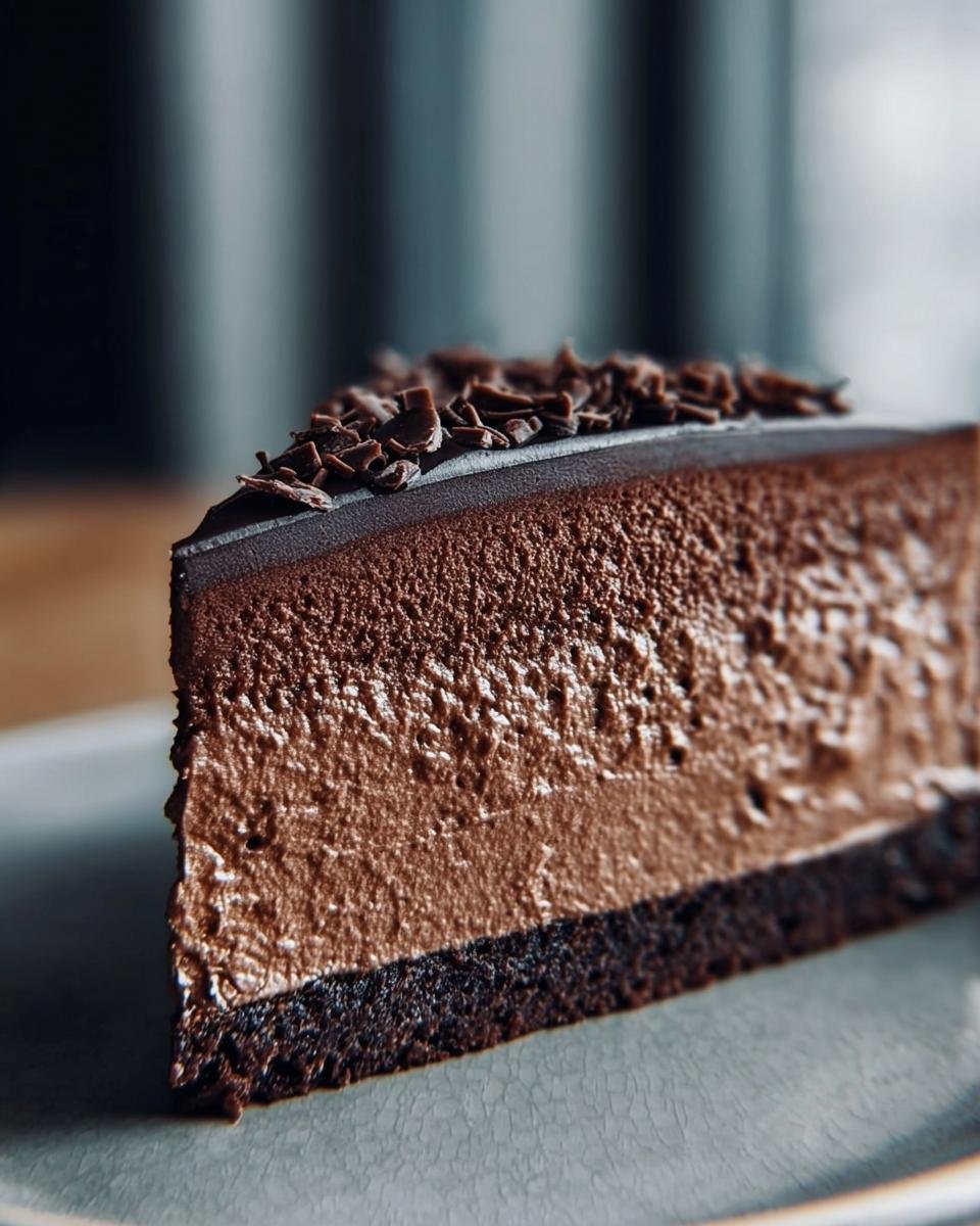 A slice of rich Chocolate Mousse Cake with layers of mousse and chocolate shavings on top.