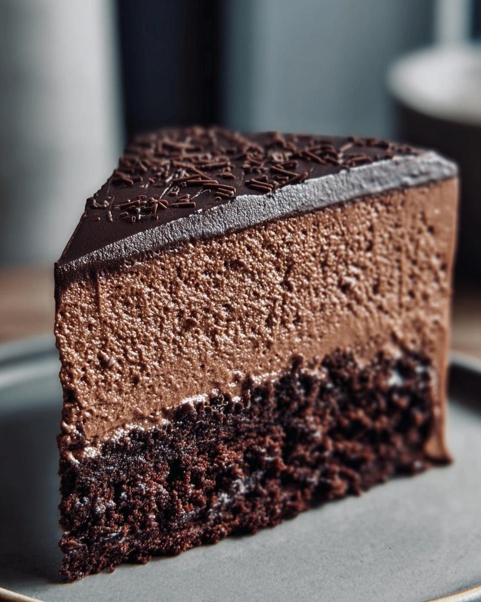 A delectable slice of Chocolate Mousse Cake with layers of rich chocolate cake and creamy mousse.