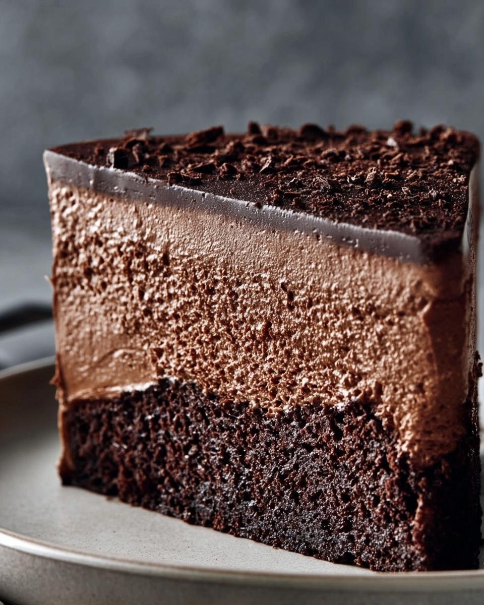 A decadent slice of Chocolate Mousse Cake with layers of chocolate cake, mousse, and ganache.