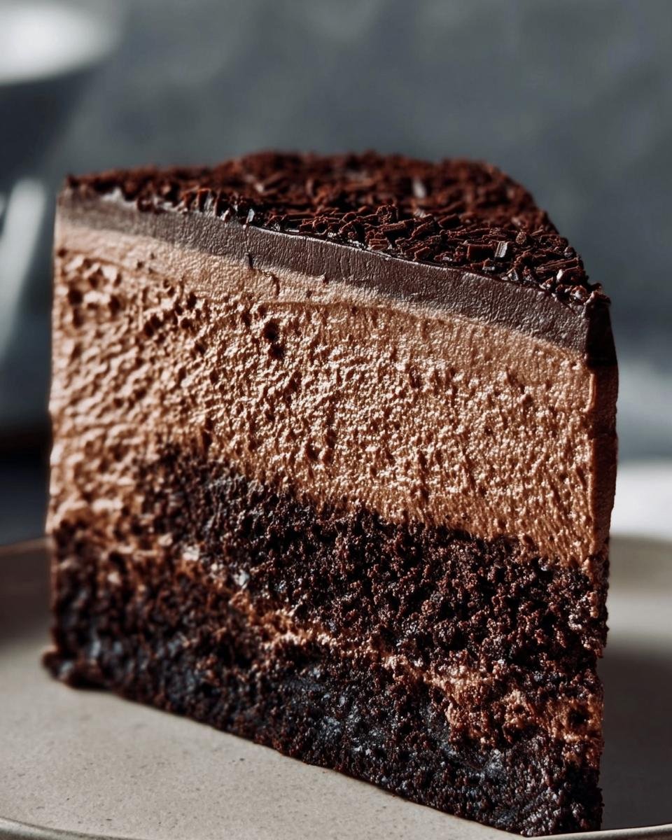 A slice of rich Chocolate Mousse Cake with layers of chocolate cake, mousse, and ganache.