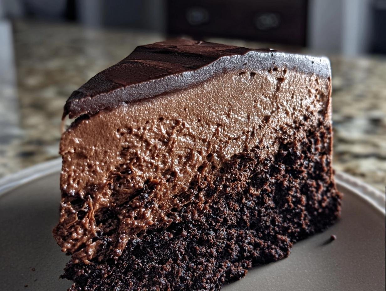 A decadent slice of Chocolate Mousse Cake with layers of rich chocolate cake, mousse, and ganache.