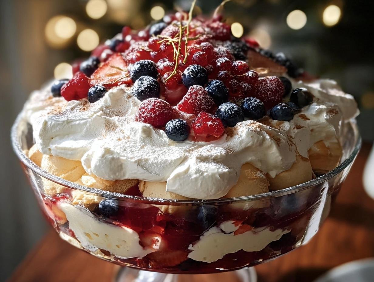Festive Christmas Pavlova Trifle in a glass bowl, topped with whipped cream and fresh berries.