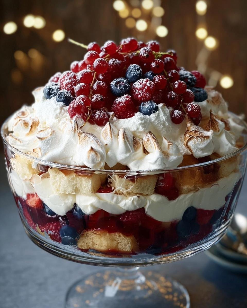 A layered Christmas Pavlova Trifle in a glass bowl, topped with whipped cream and fresh berries.