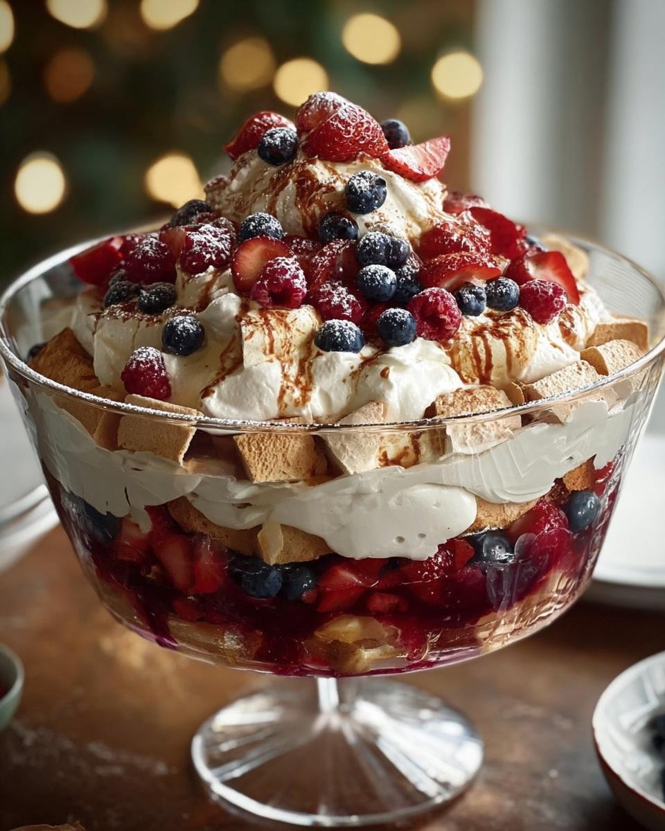A beautiful Christmas Pavlova Trifle in a glass bowl, topped with whipped cream and fresh berries.