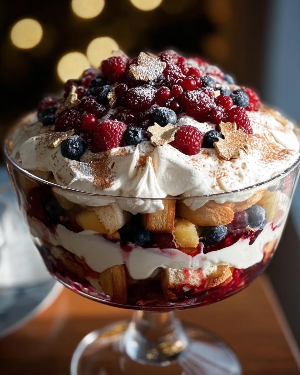 A beautiful Christmas Pavlova Trifle in a glass bowl, topped with berries, cream, and dusted with powdered sugar.