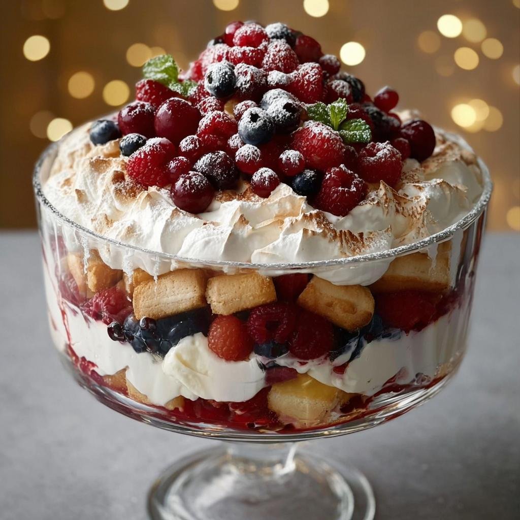 A stunning Christmas Pavlova Trifle in a glass bowl, topped with fresh berries, meringue, and dusted with powdered sugar.