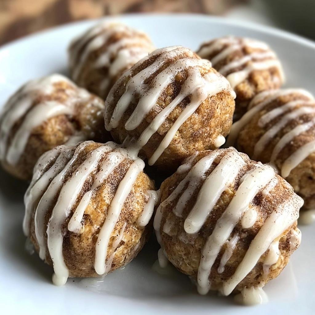 A plate of delicious Cinnamon Roll Protein Bites drizzled with sweet icing.
