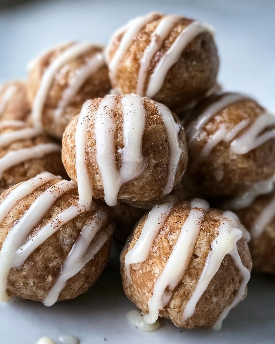 A stack of delicious Cinnamon Roll Protein Bites drizzled with sweet icing.