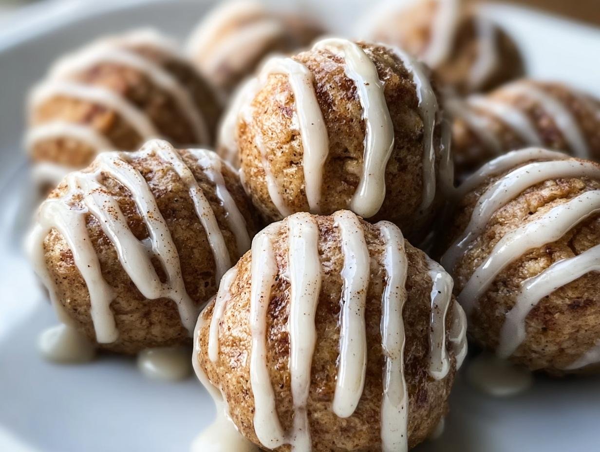 A close-up of Cinnamon Roll Protein Bites drizzled with icing on a white plate.