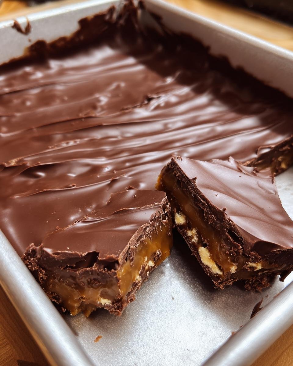 Close-up of homemade Classic Christmas Toffee in a pan, showing the chocolate topping and toffee layers.