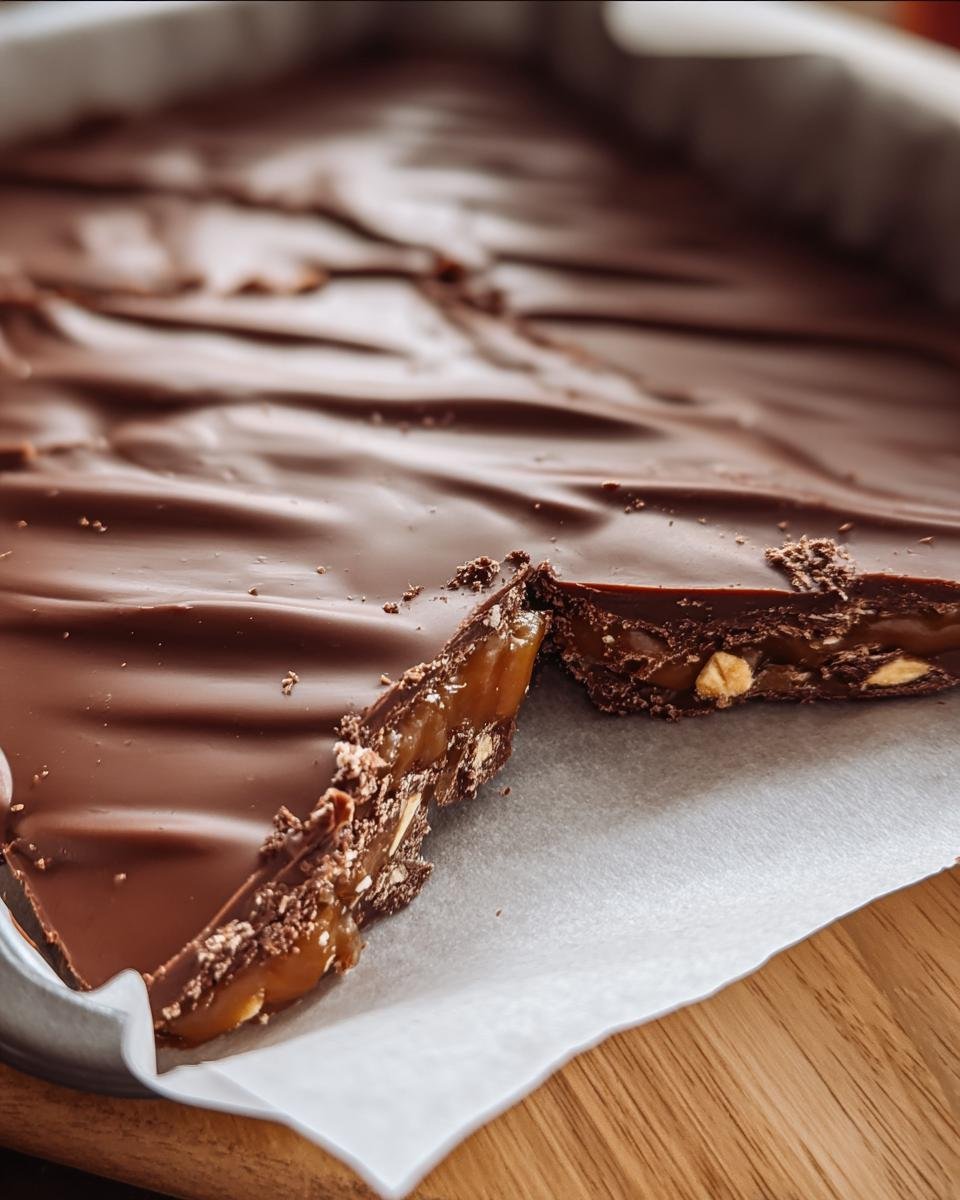A slab of Classic Christmas Toffee with a piece broken off, showing the layers of chocolate and toffee.